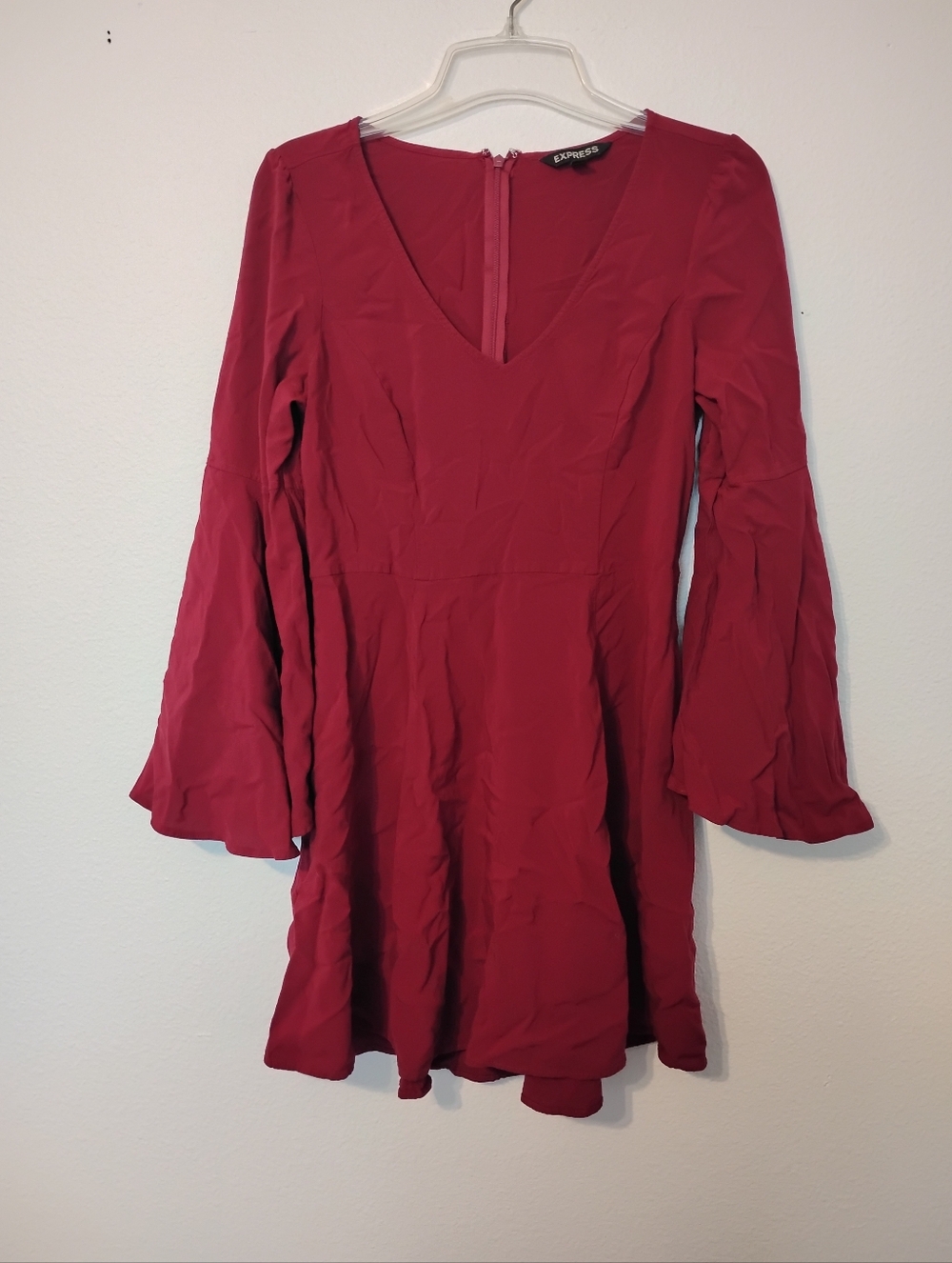 Express Red V-Neck Fit and Flare Dress Bell Sleeves